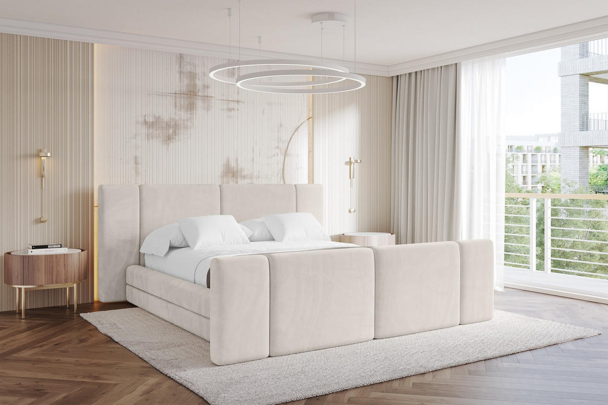 POLSTERBETT mit Bettkasten, Fußteil und Lattenrost, Bett mit Matratze H3/H4 - TEVO-Z 160x200 Beige - Ecru, Holzwerkstoff/Textil (160/200cm) - ALTDECOR