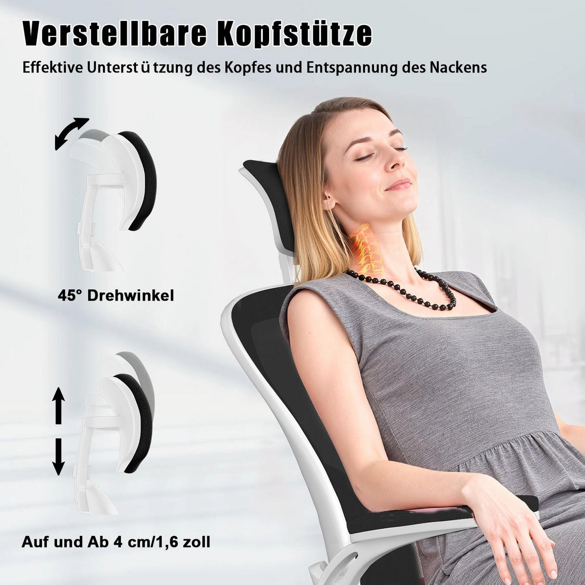 BÜROSTUHL ergonomisch, höhenverstellbar, klappbare Armlehnen, Kopfstütze – Weiß - Weiß, Metall (50.5/134/52cm) - Rattantree