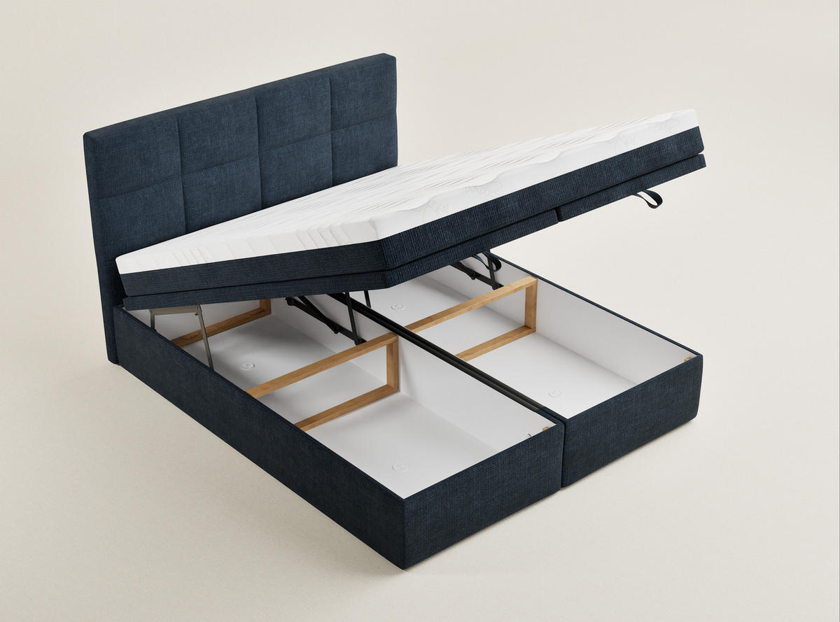 BOXBETT 140/200 cm Umage, in Marineblau, Matratze, gepolstertes Kopfteil, Bettkasten, H3 = fest - Schwarz/Dunkelblau, Holz/Holzwerkstoff (140/200cm) - Maison de Reve