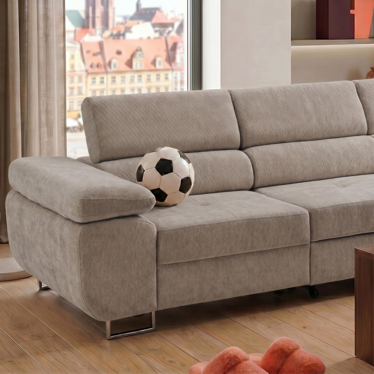 ECKSOFA WILD MAXI L Rechts mit Schlaffunktion 125x195 Chenille Grau - Chromfarben/Grau, Holz/Textil (350/203cm) - Muffo