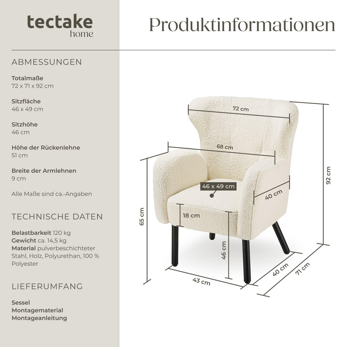 SESSEL Vänersborg,72 x 71 x 92 cm,creme - Creme, Textil (72/92/71cm) - tectake