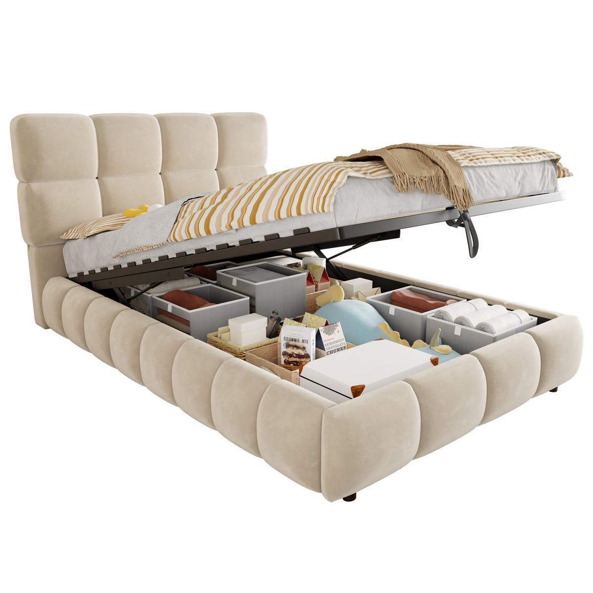 POLSTERBETT 90 x 200 cm mit LED und Stauraum, Beige - Beige, Textil (90/200cm) - FLIEKS
