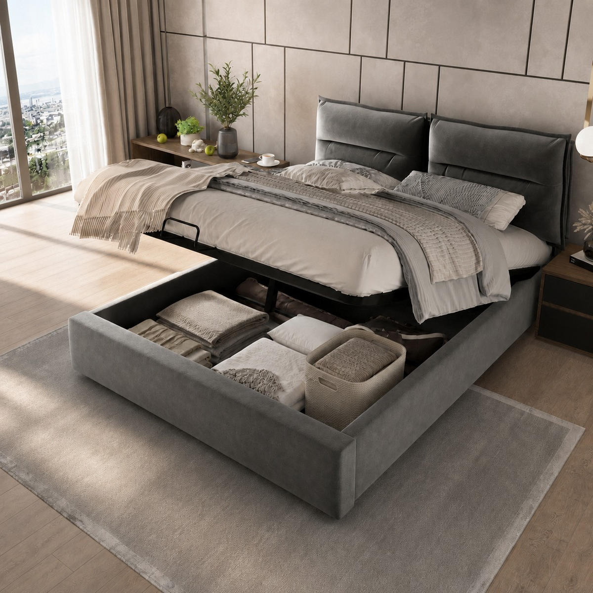 POLSTERBETT 140/200 cm Grau mit Verstellbares Kopfteil, Ohne Matratze - Grau, Textil/Metall (140/200cm) - Oxeza
