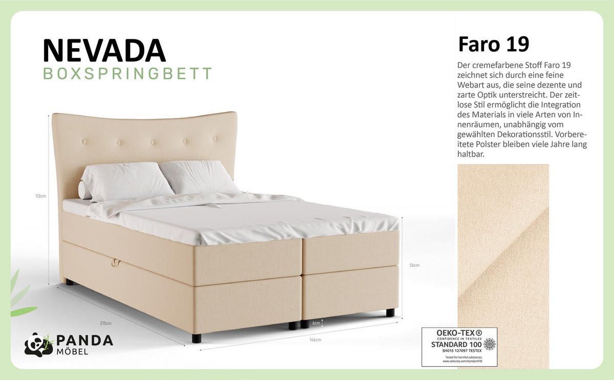 BOXBETT Nevada 140 x 200 cm Doppelbett mit hochwertiger Bonell-Matratze und Topper - beige - Beige, Holz (140/200cm) - Panda Möbel