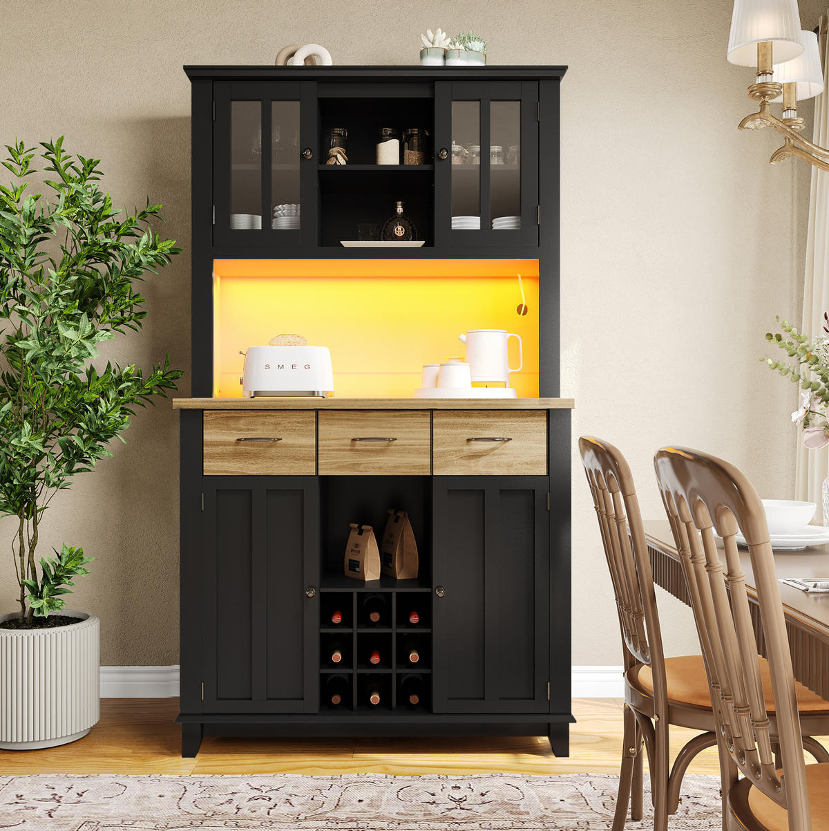 BUFFET aus MDF 106x40x179,5 cm Schwarz mit LED-Beleuchtung, Weinregal und Kippschutz - Schwarz, Holzwerkstoff (106/179.5/40cm) - Modfu