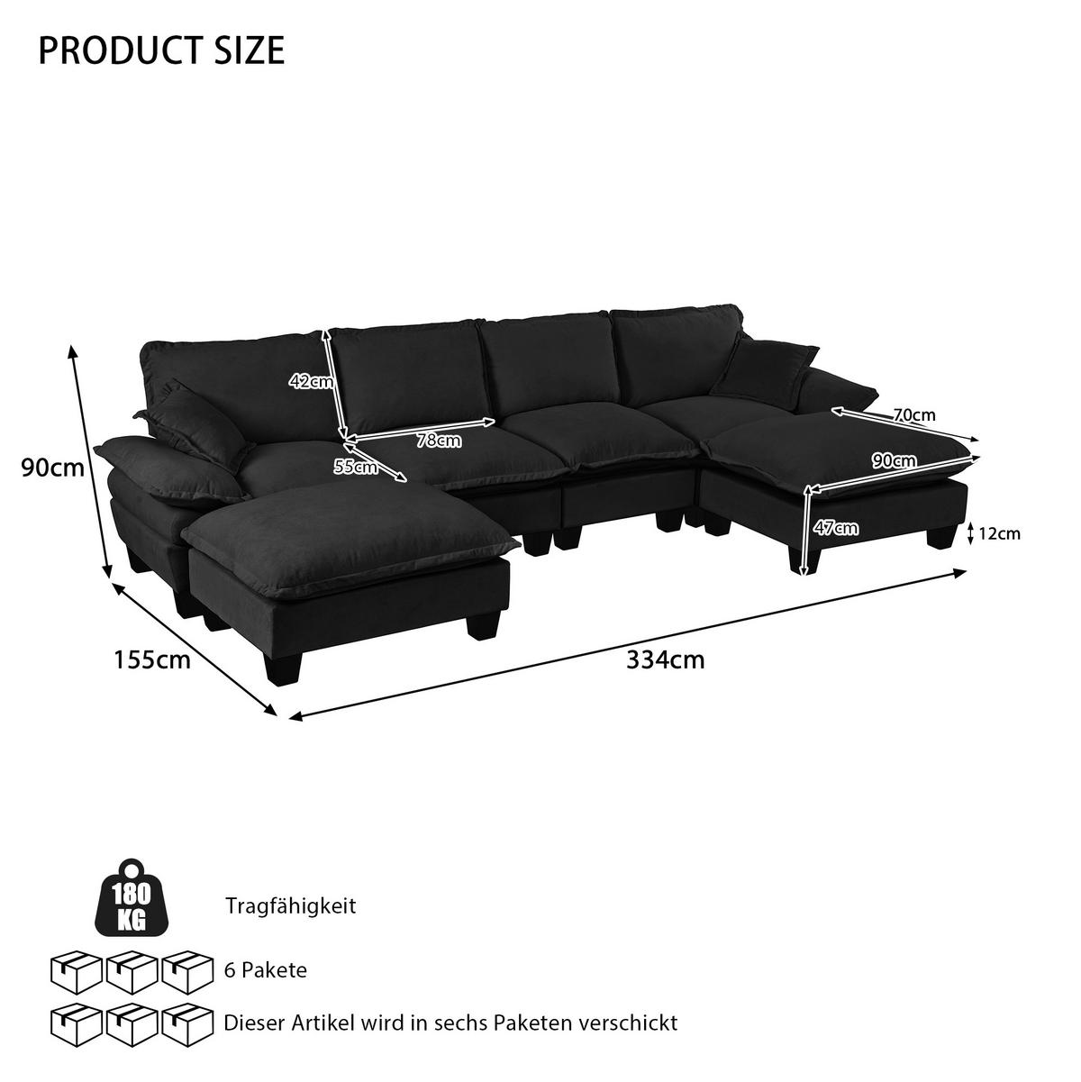 SOFA aus Chenille 334x155x90 cm in Schwarz mit Ottomanen-Modul - Schwarz, Textil (155/90/334cm) - Modfu