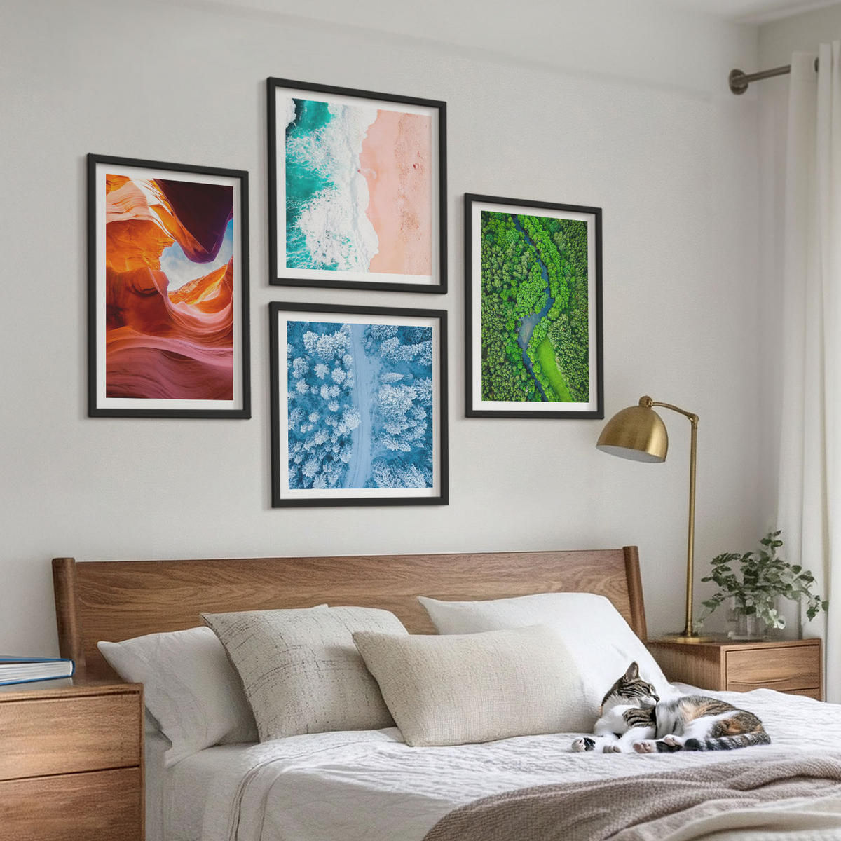 WANDBILDER 4er-Set - 50x50 cm & 40x60 cm Schwarzer Rahmen - Grün der Wasserschlucht im Winter - Schwarz, Kunststoff (50/50cm) - ArtPrintCave