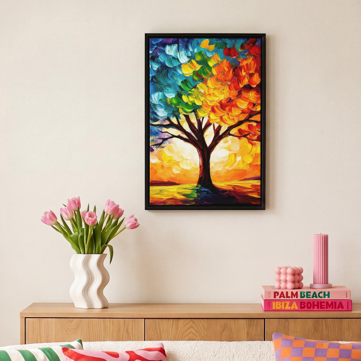 LEINWAND Bilder mit Rahmen - Baum - Kunst - Natur - Sonnenuntergang - 20x30 - Multicolor, Textil (20/30cm) - MuchoWow
