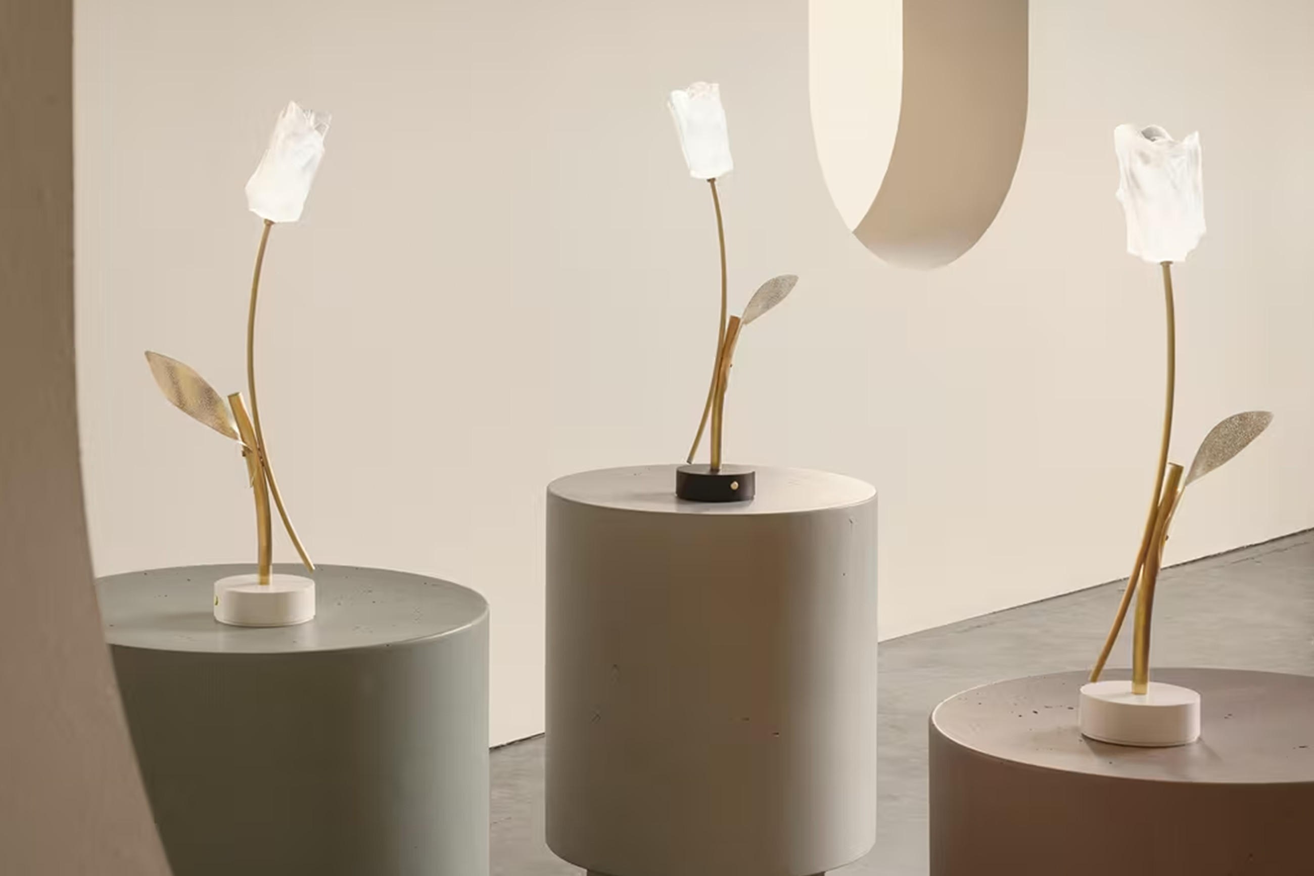 Drei minimalistische Tischlampen in Blumenform mit geschwungenen Messingstielen und weißen Blüten-Schirmen stehen auf zylindrischen Podesten in einem hellen, modernen Raum.