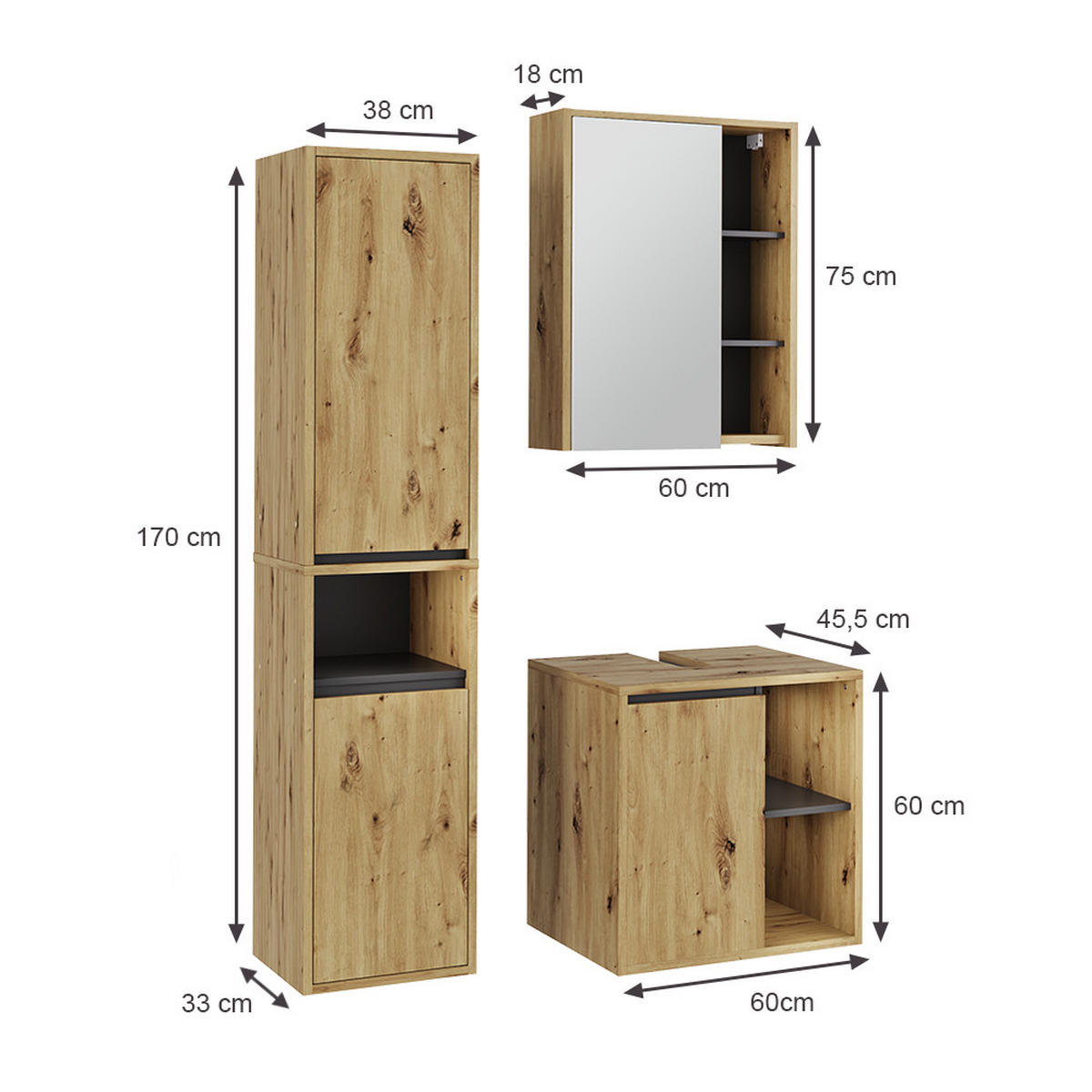 SADA KOUPELNOVÉHO NÁBYTKU Viola Artisan/šedá - šedá/světle šedá, kompozitní dřevo (60/60/45.5cm) - Vicco