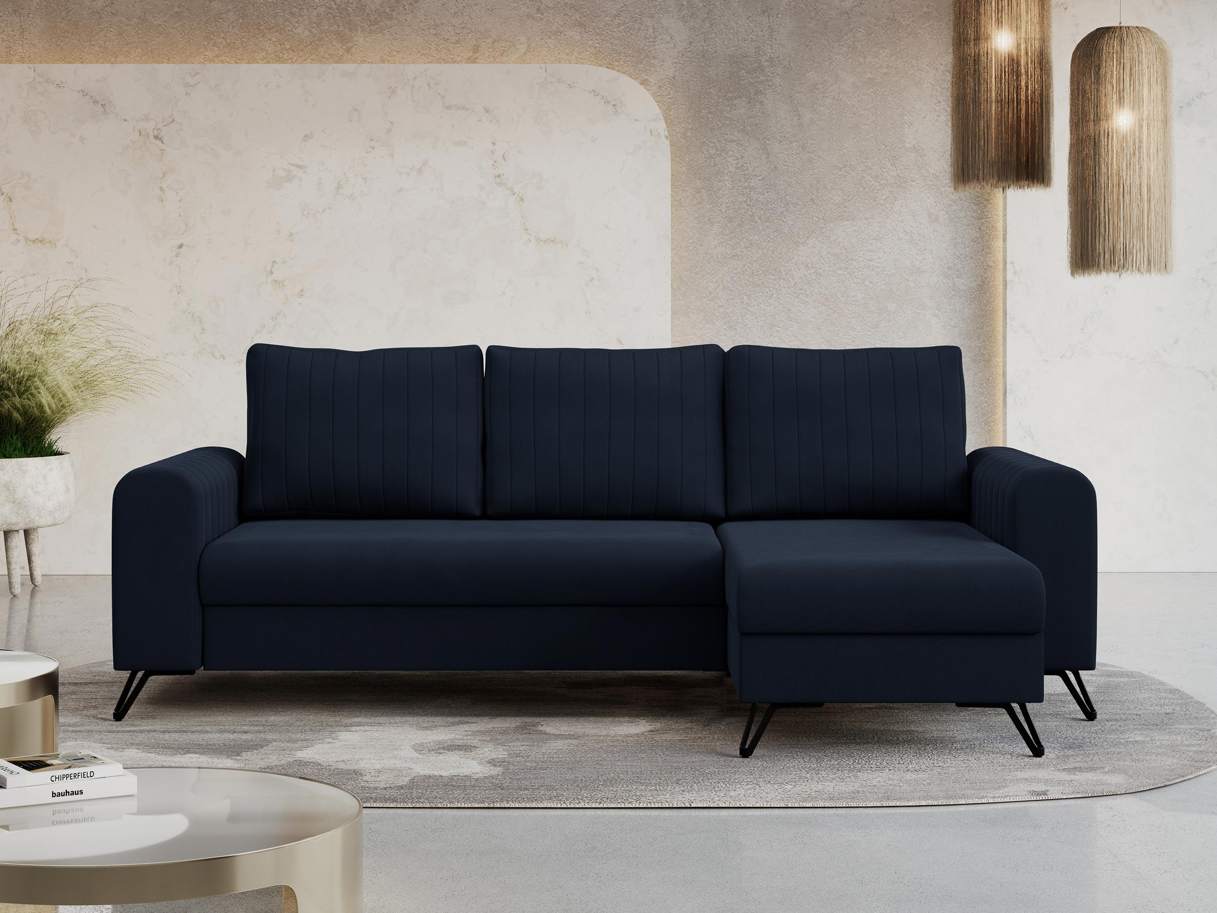 ECKSOFA Axel Samt Dunkelblau - Schwarz/Dunkelblau, Textil/Metall (242/140cm) - MKS