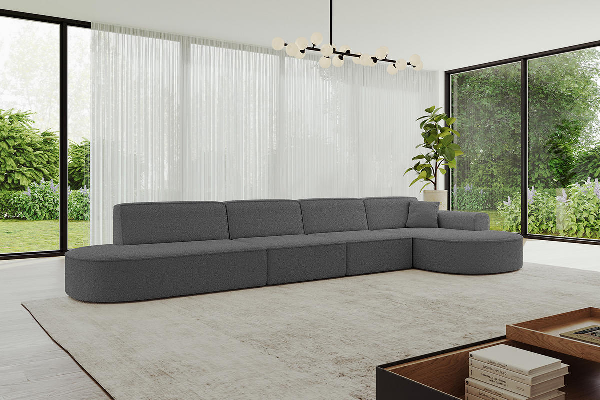 ECKSOFA Ottomane Rechts MARI-L3 - 402x163x73,5 cm Grau Bouclé - Schwarz/Grau, Holzwerkstoff/Kunststoff (402/163cm) - ALTDECOR