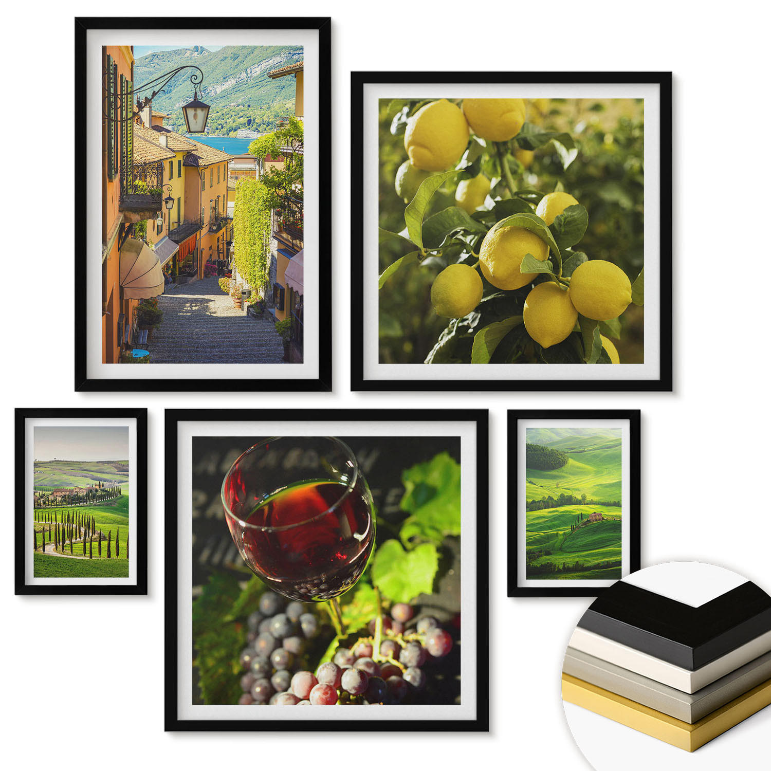 WANDBILDER 5er-Set - 50x50 cm & 20x30 cm & 40x60 cm Schwarzer Rahmen - Italienische Landschaften, Zitrushügel - Schwarz, Kunststoff (40/60cm) - ArtPrintCave