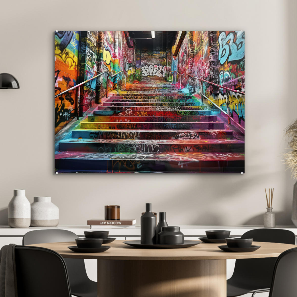 ACRYLGLASBILD Treppe - Graffiti - Farben - Kunst 80x60 cm - Multicolor, Glas (80/60cm) - MuchoWow