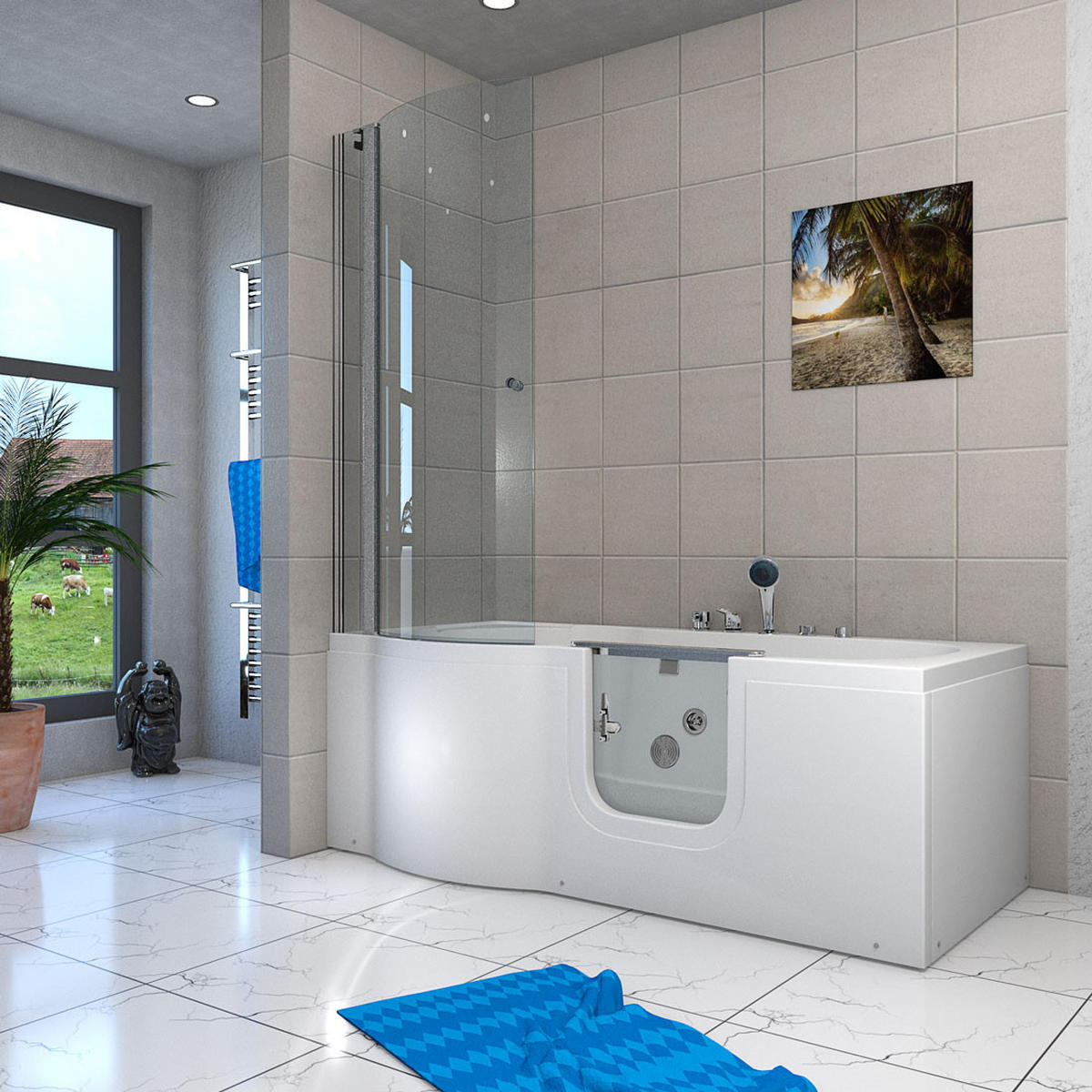 SENIORENDUSCHE Whirlpool mit Tür S12D-EH-WP-R-EC - Weiß, Glas/Kunststoff (170/200/85cm) - AcquaVapore by Sandra Jentho