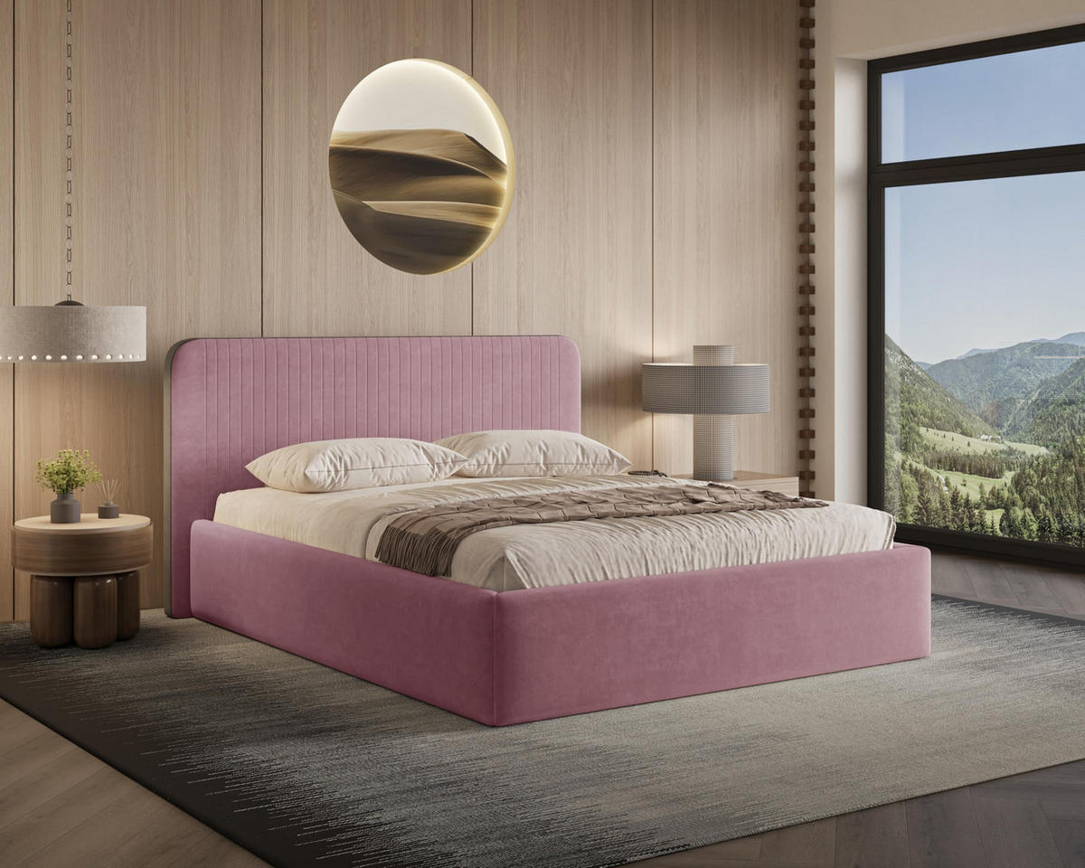 POLSTERBETT 180x200 cm mit Bettkasten, Lattenrost und Kopfteil, Eleganter Matt Velvet-Stoffbezug, Rosa - Rosa, Holz (180/200cm) - Chilly