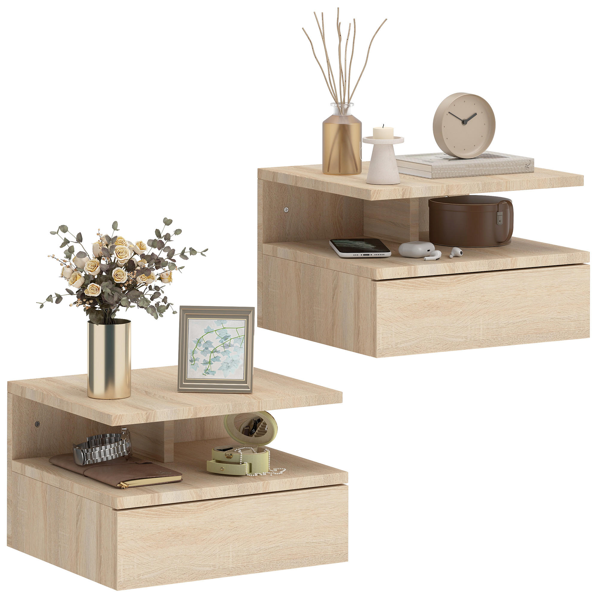 NACHTSCHRANK 2er-Set DE-12953 Schublade und offenes Fach Eiche - Eichefarben, Holzwerkstoff (32/22.5/35cm) - ComfortXL