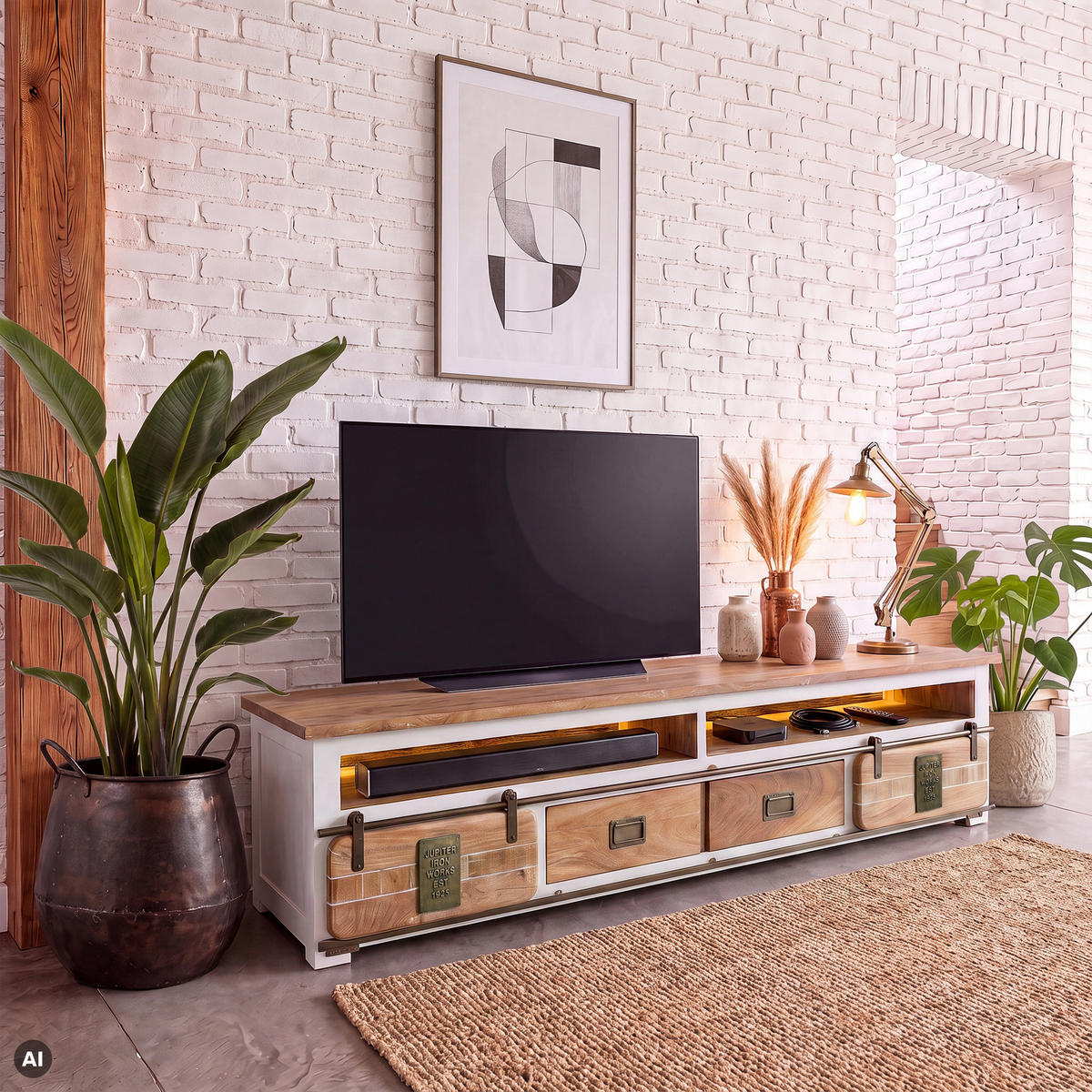 TV-BOARD Mango / Altholz 220x55x50 weiß lackiert RAILWAY LUX #532 - Weiß, Holz (220/50/55cm) - Massivmoebel24