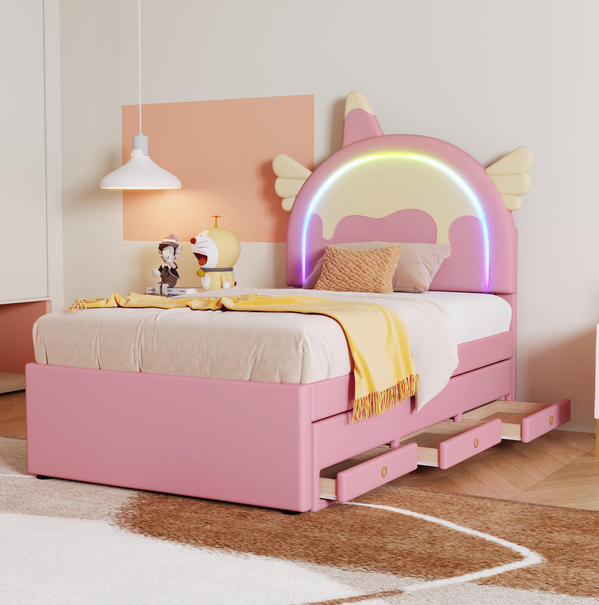 KINDERBETT 90/200 cm in Rosa mit Rollbett und Einhorn-Kopfteil - Rosa, Kunststoff (90/200cm) - BEAOK