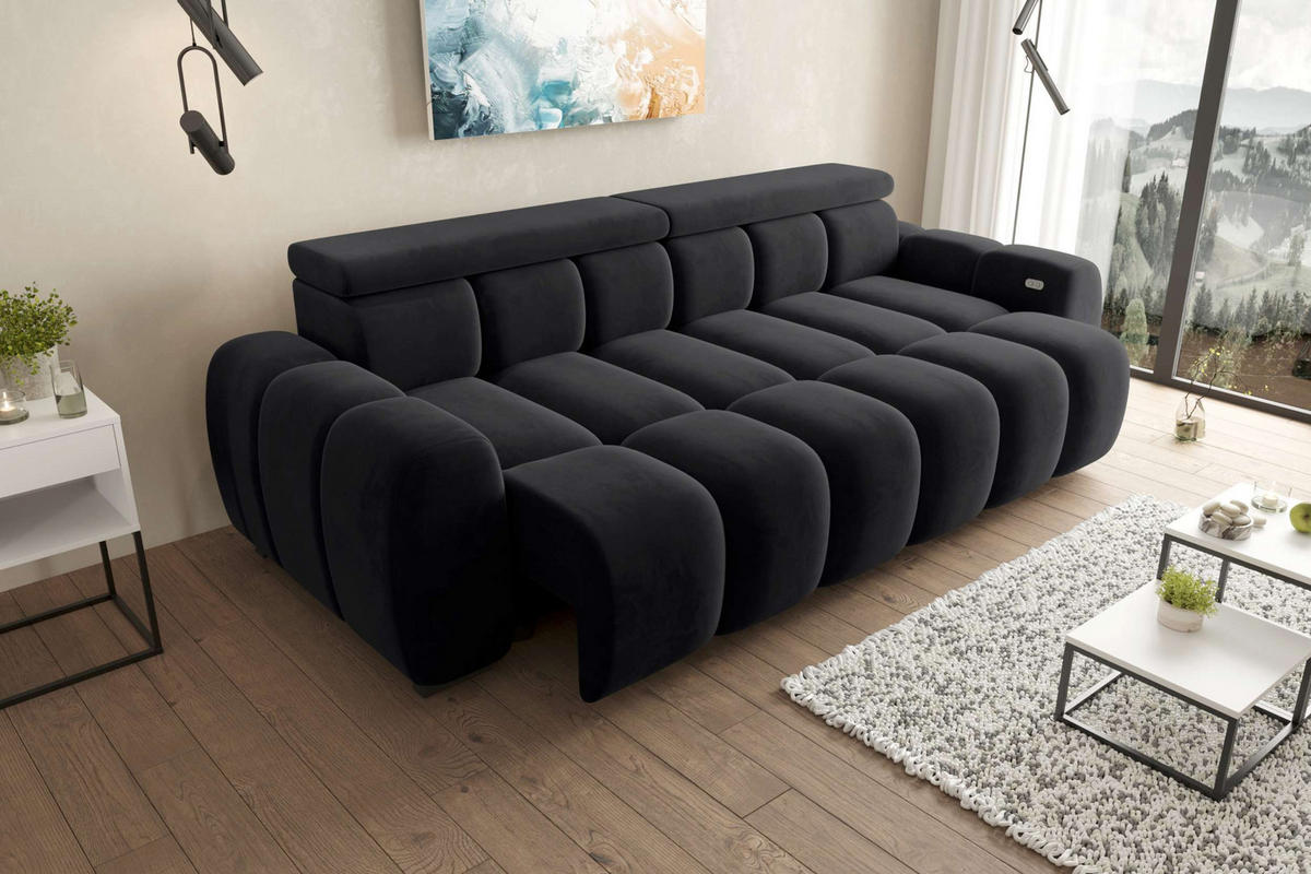 BIGSOFA ALESSIO Velours Schwarz mit elektrischer Sitztiefenverstellung - Schwarz, Kunststoff/Textil (248/77/108cm) - 99rooms