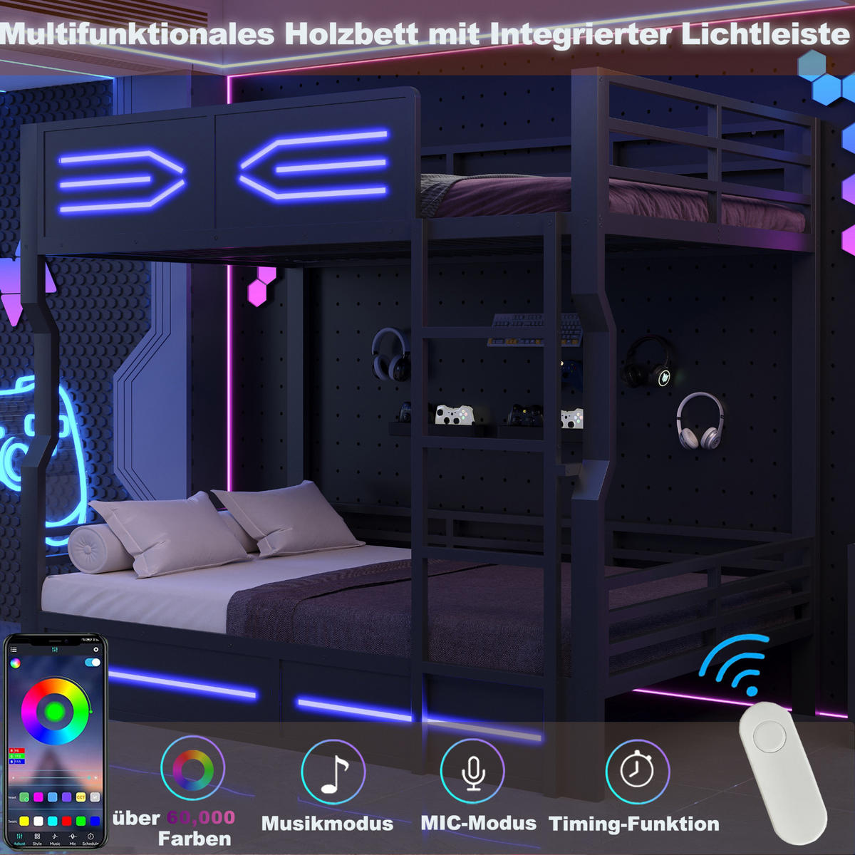 ETAGENBETT Metall & MDF 140x200 cm Schwarz mit LED-Beleuchtung und Treppe - Schwarz, Holzwerkstoff (140/200cm) - Modfu