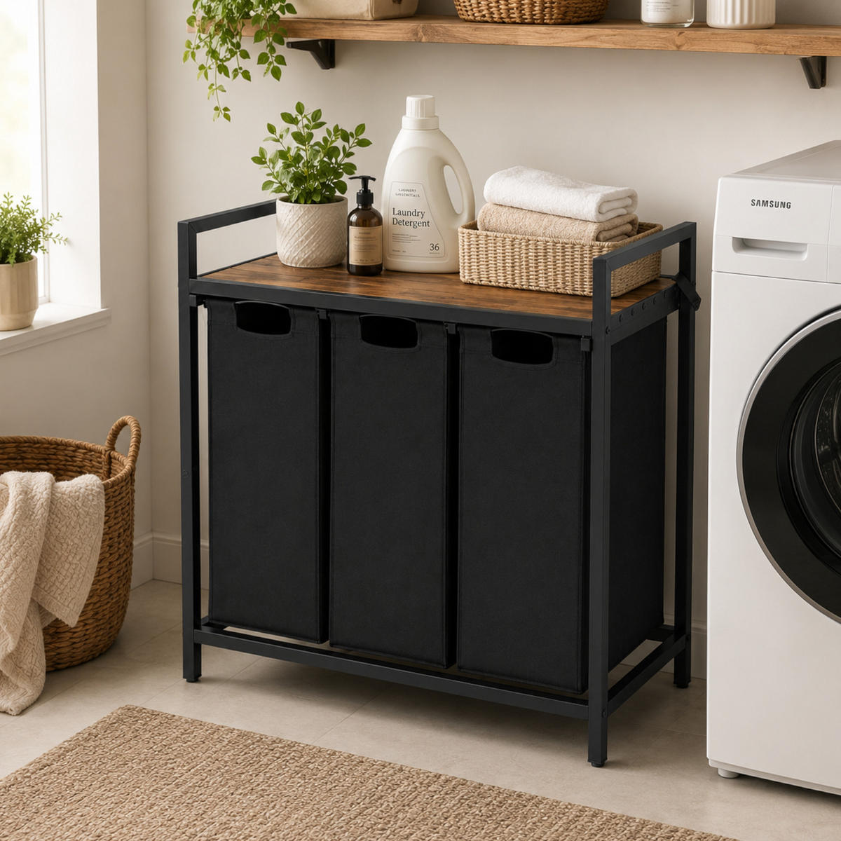 WÄSCHEKORB Metall Schwarz 3 herausnehmbare Wäschesäcke 114 Liter 92,5x33x71 cm - Dunkelbraun/Schwarz, Holzwerkstoff/Textil (92.5/71/33cm) - Begryf