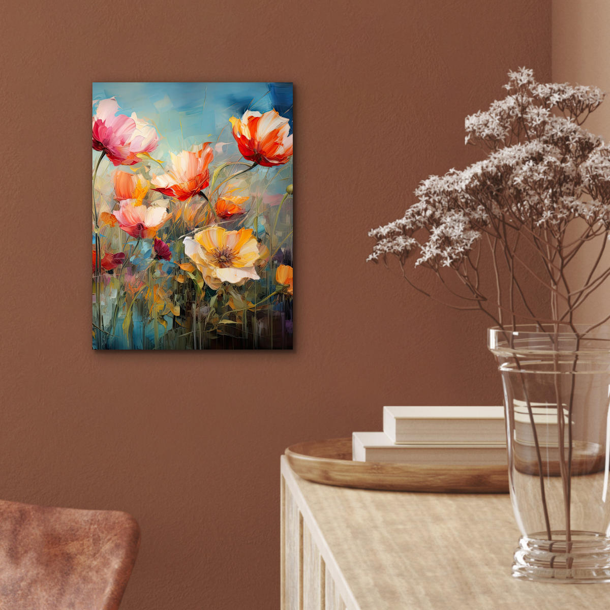 METALLBILD Blumen - Aquarell - Kunst - Botanisch - Natur 30x40 cm - Orange, Metall (30/40cm) - MuchoWow