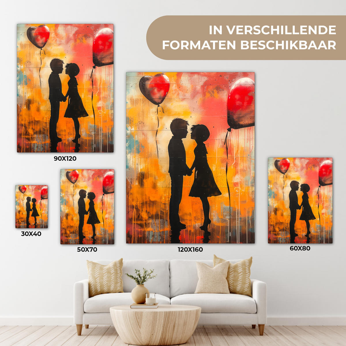 LEINWANDBILD Straßenkunst - Liebe - Graffiti - Kunst - Banksy Wandbild Wohnzimmer 60x80 cm - Orange, Textil (60/80cm) - MuchoWow