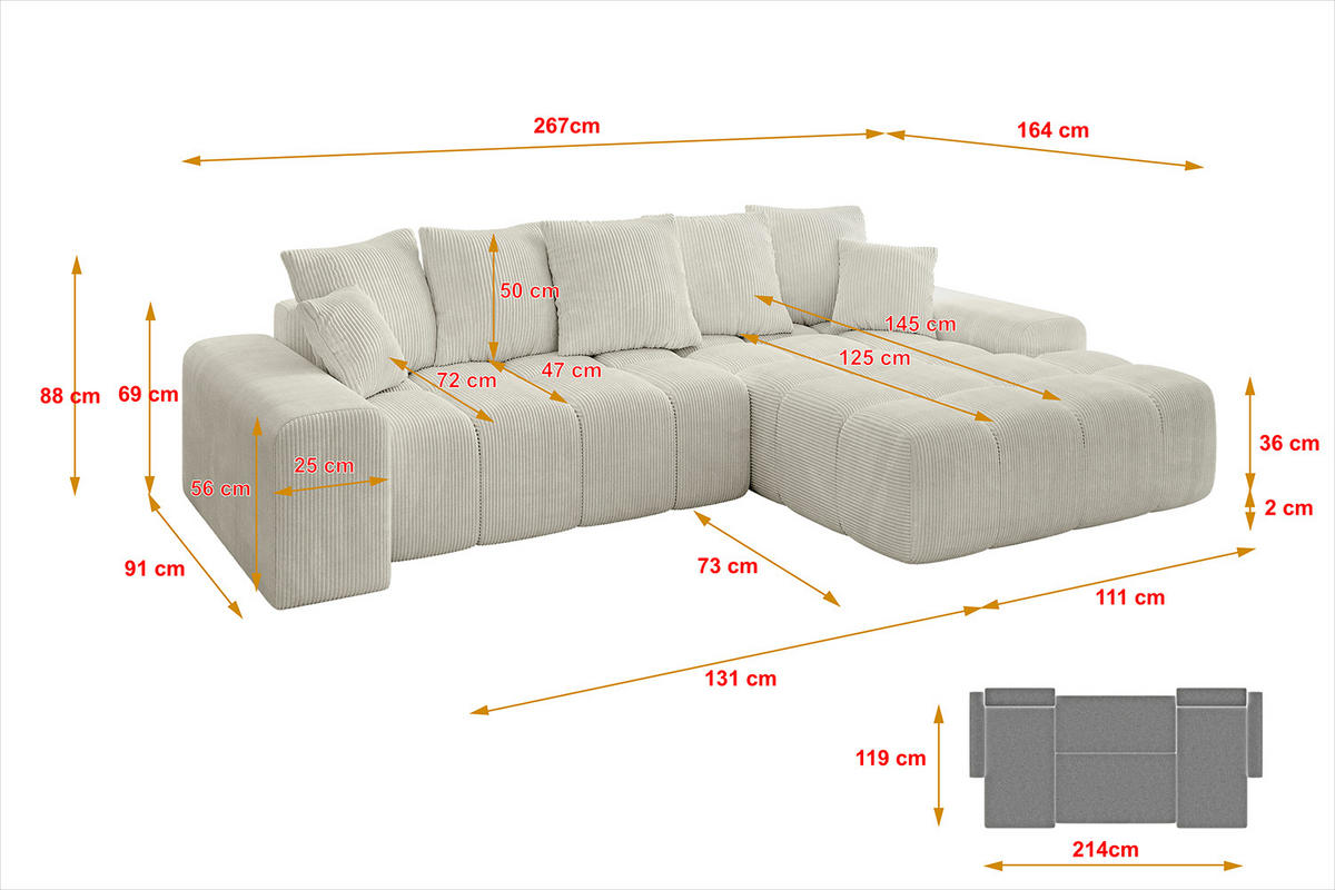 ECKSOFA Ottomane Rechts ENSI-L - 267x164x88 cm Ecru - Ecru, Holzwerkstoff/Kunststoff (164/267cm) - ALTDECOR