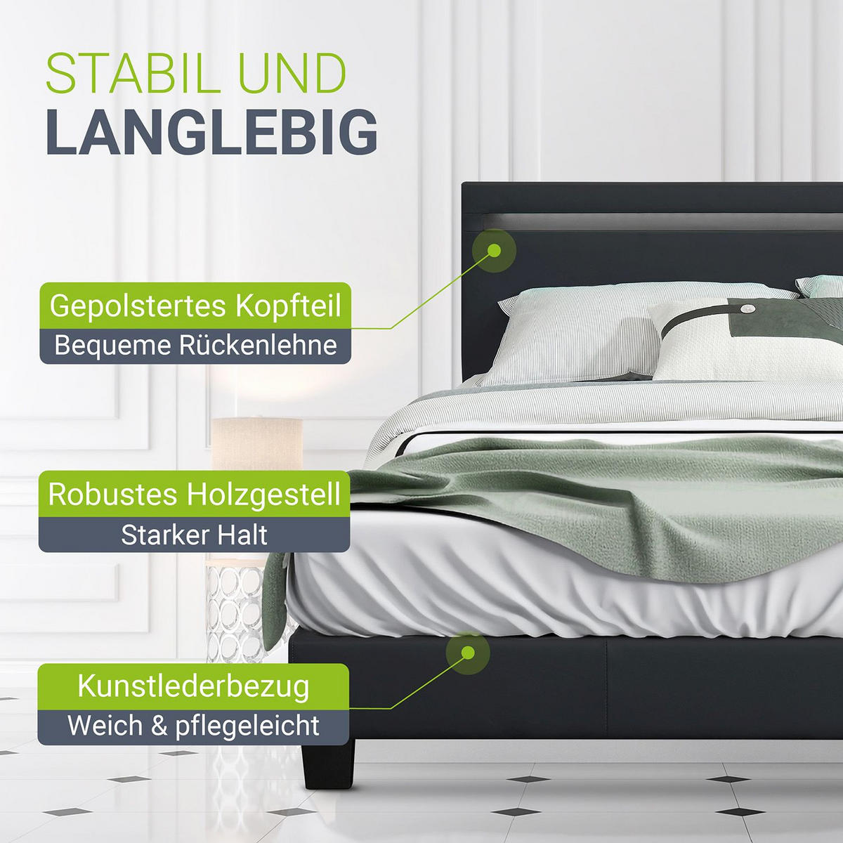 POLSTERBETT Paris schwarz 140x200cm mit Matratze und LED (16 Farben) - Schwarz, Textil (140/200cm) - Juskys