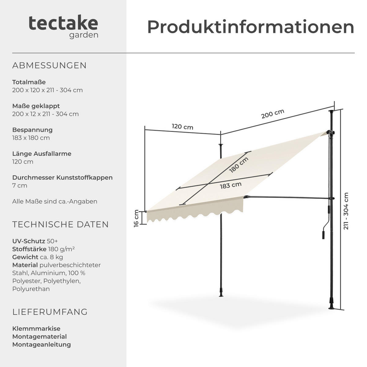 KLEMMMARKISE ,einfache Montage,beige - Beige, Kunststoff (200/304/180cm) - tectake