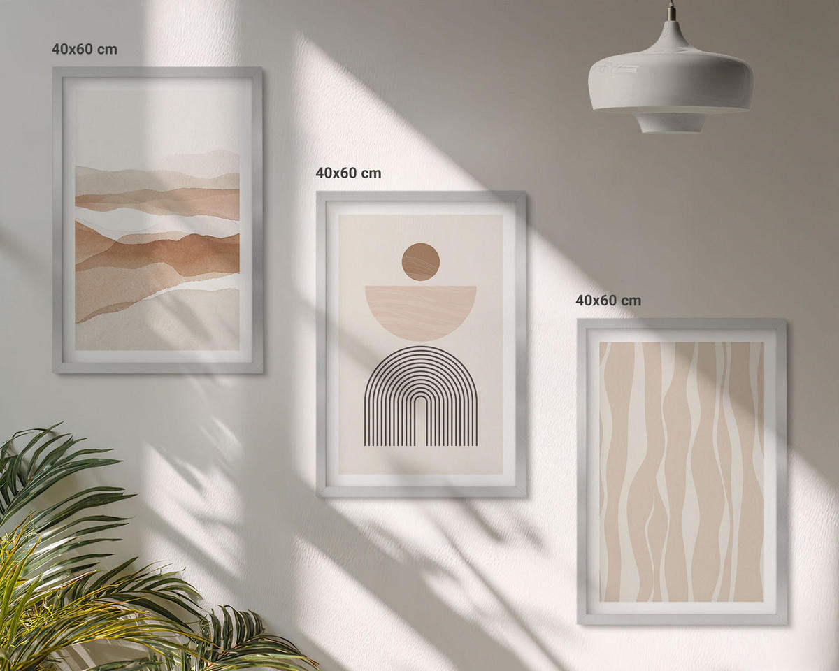 WANDBILDER 3er Set - 40x60 cm Silberner Rahmen - Abstrakte Landschafts- und Naturgeometrie - Silberfarben, Kunststoff (40/60cm) - ArtPrintCave