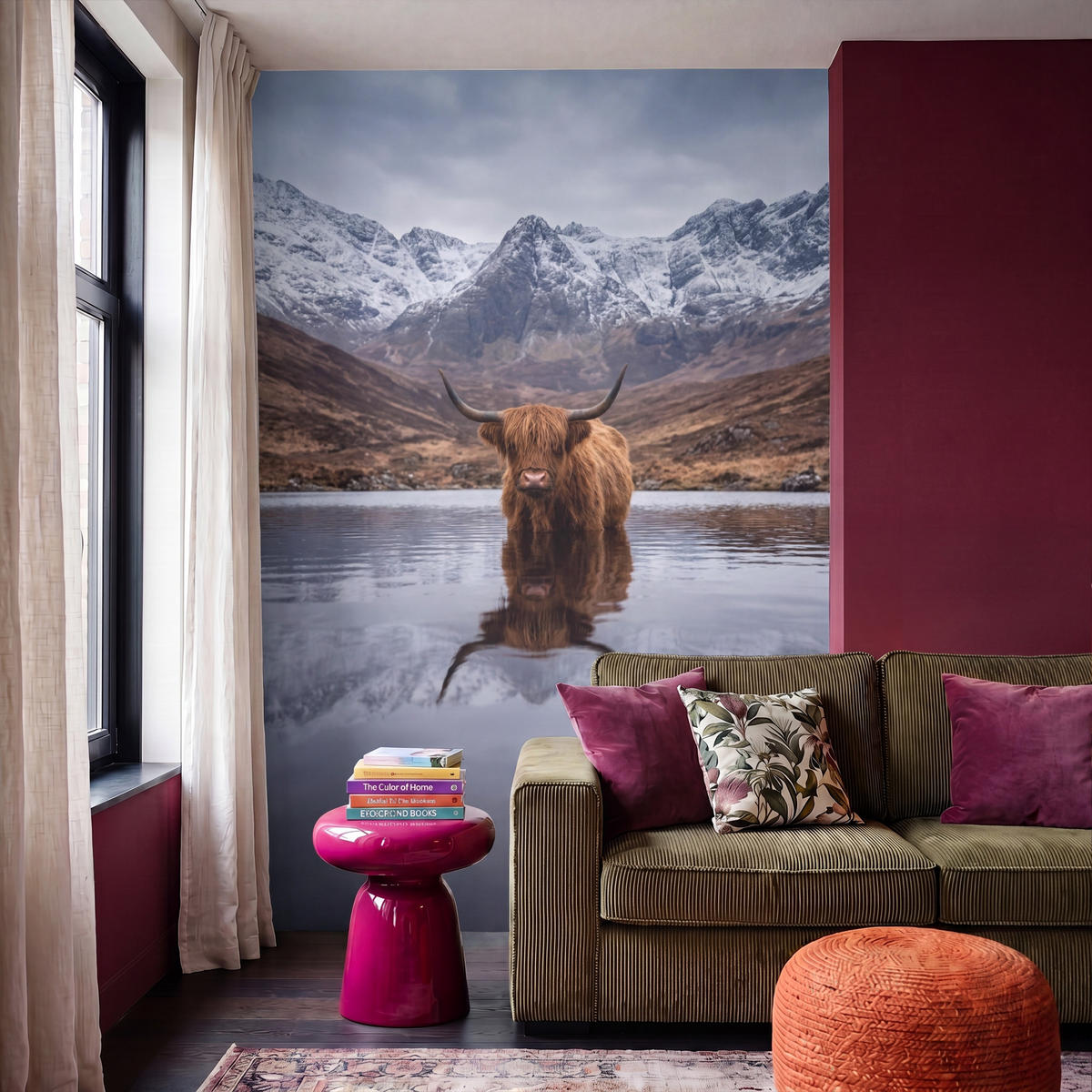 TAPETE - Schottischer Hochländer - Braun - Wasser - 200x300 cm - Braun, Papier (200/300cm) - OnlyWow