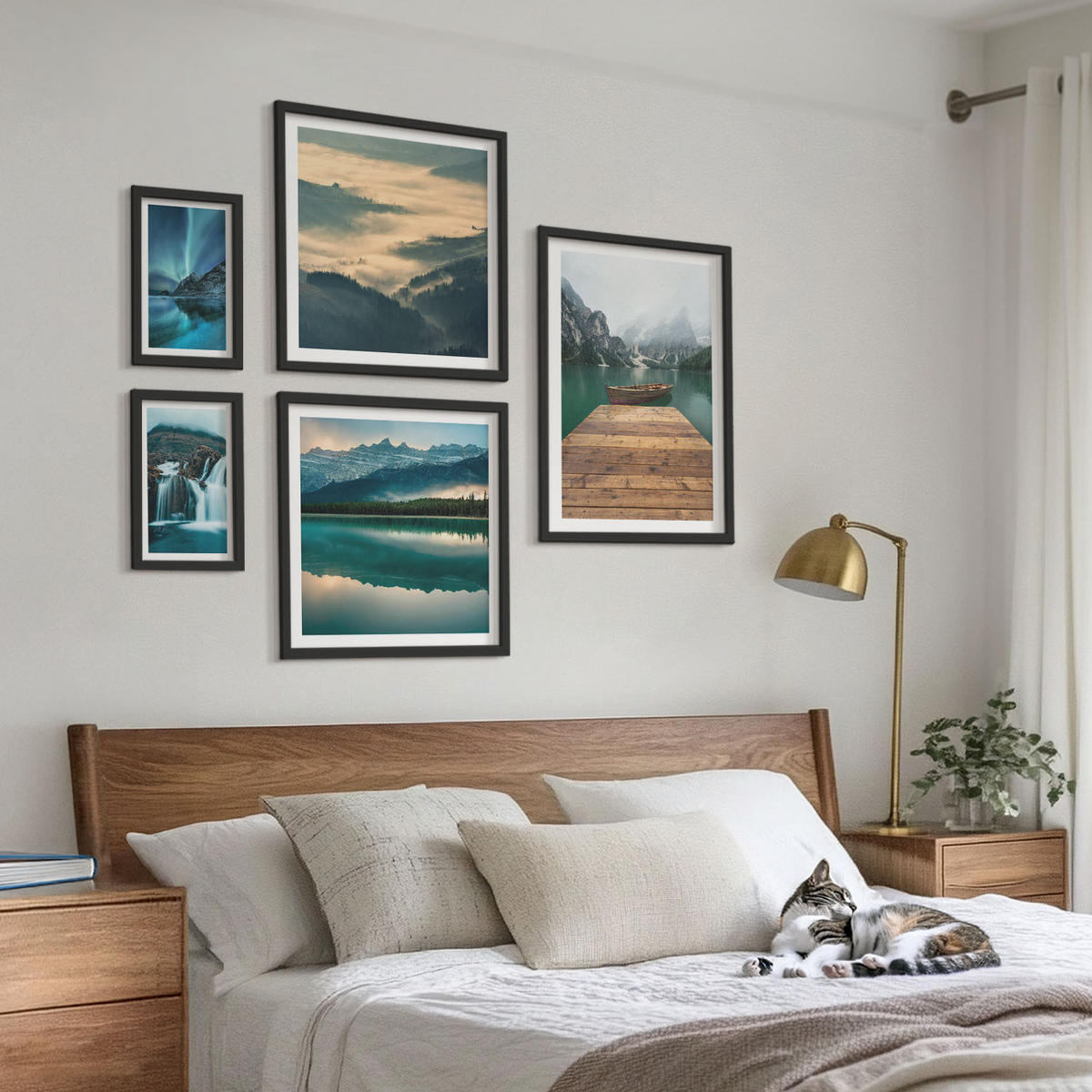 BILDER SET 5er Set - 50x50 cm & 20x30 cm & 40x60 cm Schwarzer Rahmen - Abstrakte Monstera-Palmenblätter - Schwarz, Kunststoff (40/60cm) - TULUP