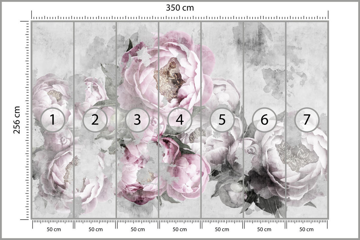 FOTOTAPETE für Küche Abstrakte Pink Pfingstrosen Beton Vintage 350x256 - Rosa/Grau, Papier (350/256cm) - Muralo