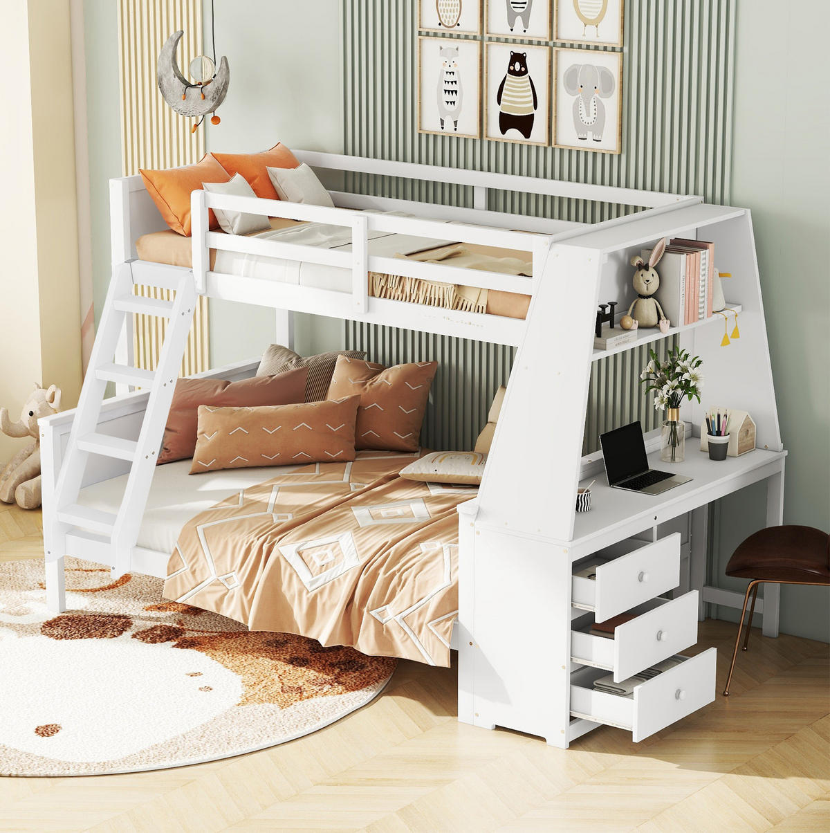 ETAGENBETT 90/200 cm + 140/200 cm Weiß mit Tisch und großem Stauraum - Weiß, Holz (90/200cm) - OKWISH