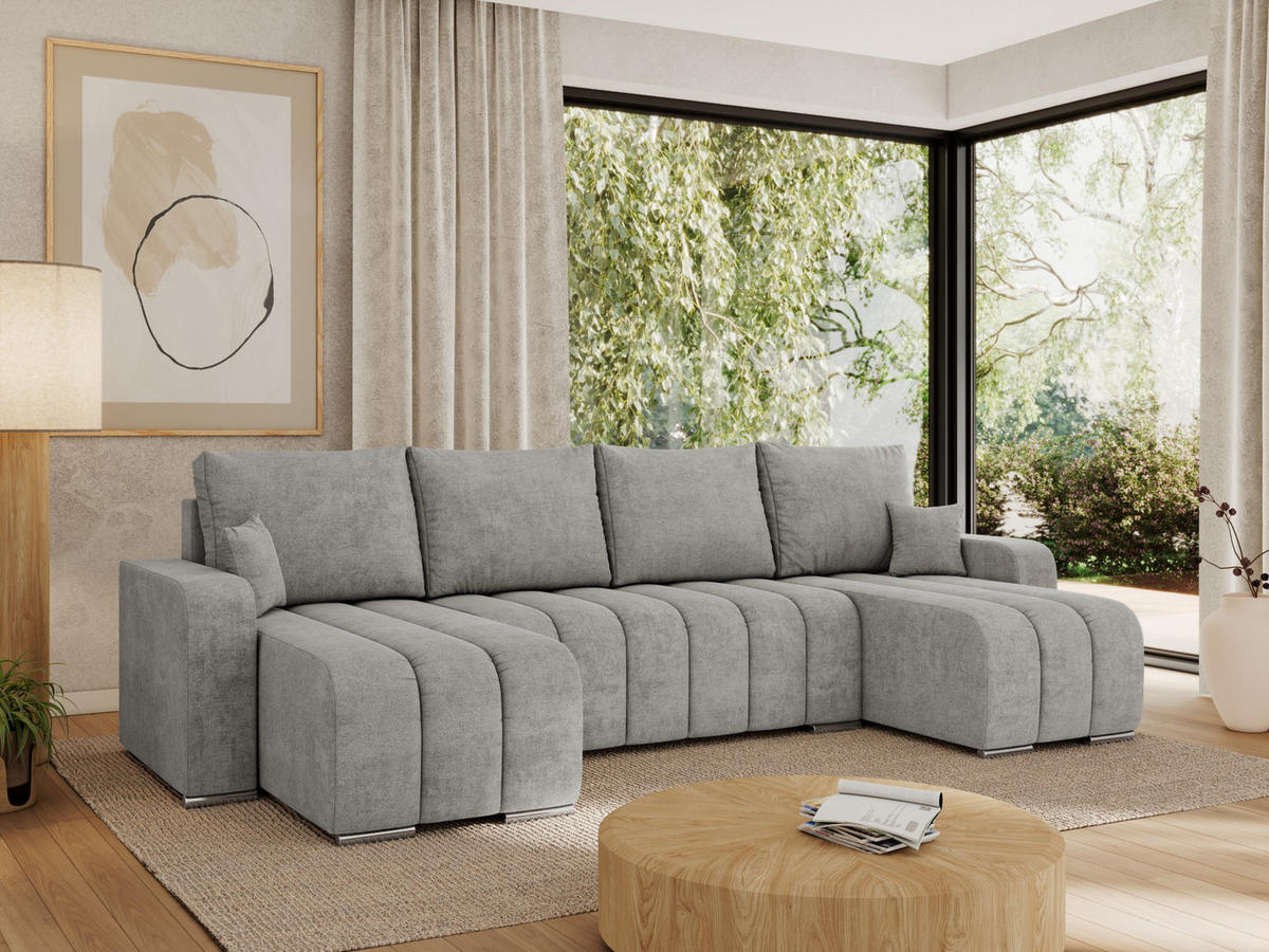 WOHNLANDSCHAFT KIRASSO U Hellgrau Struktur - Hellgrau/Grau, Textil/Metall (320/86/147cm) - MKS