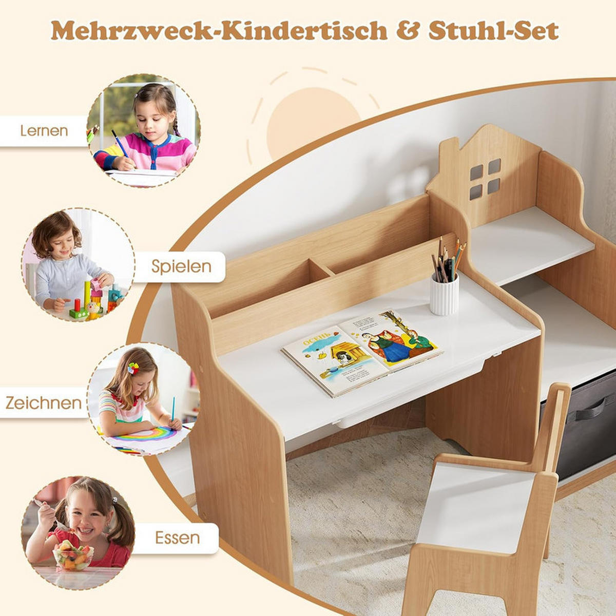 KINDERSCHREIBTISCHE mit Stühlen natur(2-tlg) - Naturfarben, Holzwerkstoff (94/76.5/50cm) - COSTWAY
