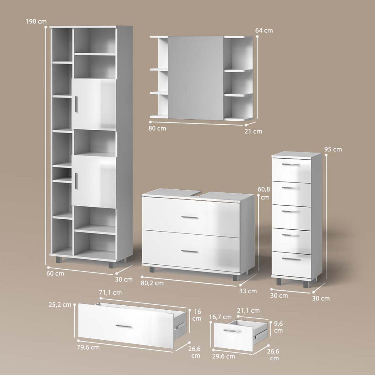BADMÖBEL-SET Eisak Weiß Hochglanz 4 Teile, mit Hochschrank - Weiß Hochglanz/Weiß, Holzwerkstoff (80/60/33cm) - Livinity®