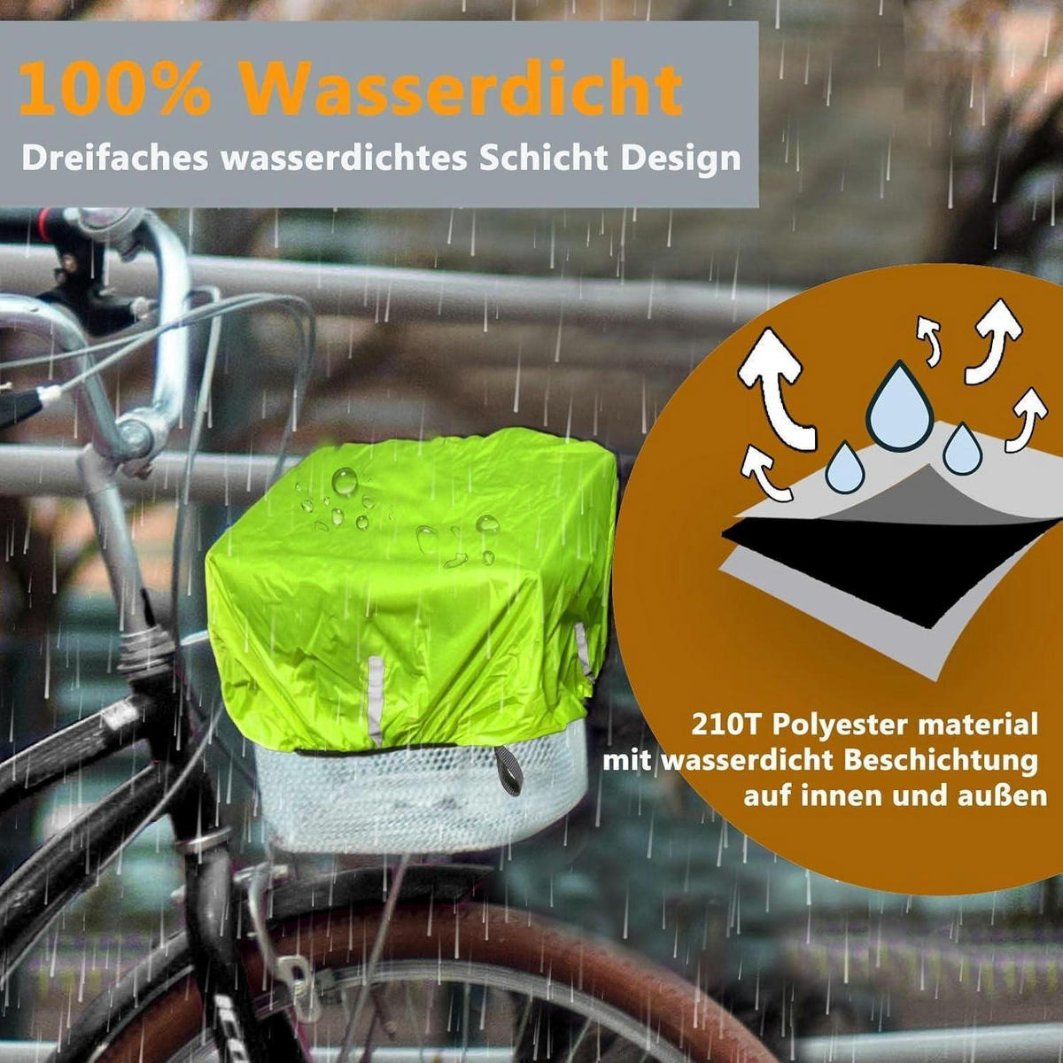 FAHRRADKORBABDECKUNG wasserdicht mit Reflektorstreifen 45x45cm Neon Gelb - Hellgrün, Kunststoff (30/45/45cm)
