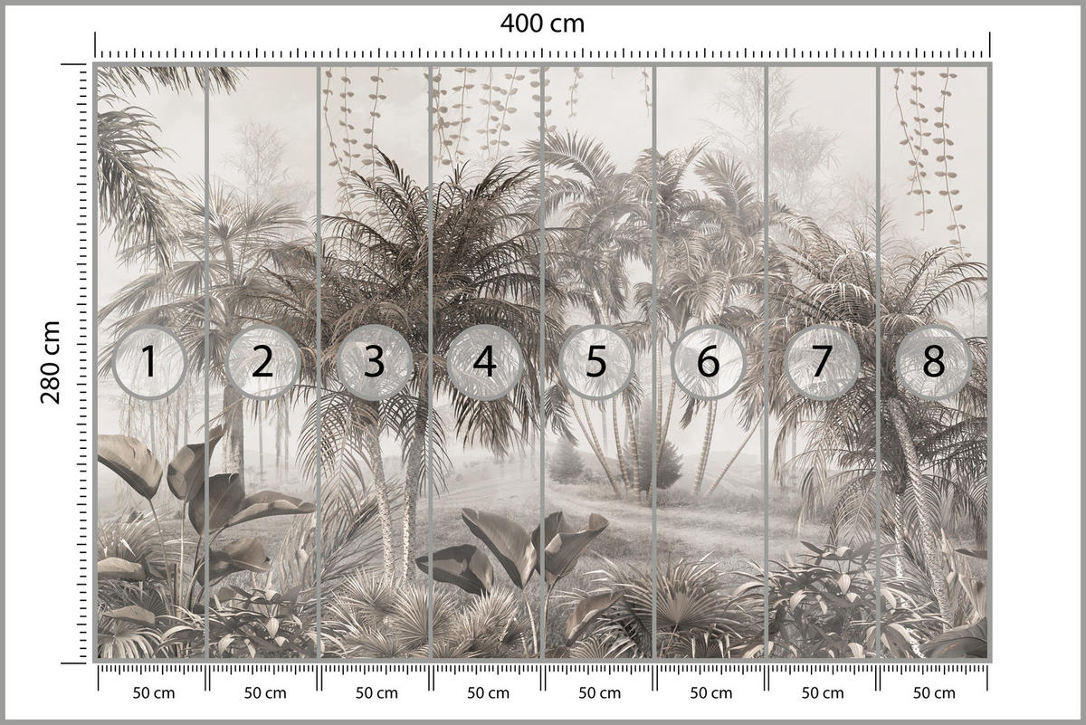 FOTOTAPETE für Büro Vintage Tropisch Dschungel Palmen Blätter 400x280 - Beige/Braun, Papier (400/280cm) - Muralo