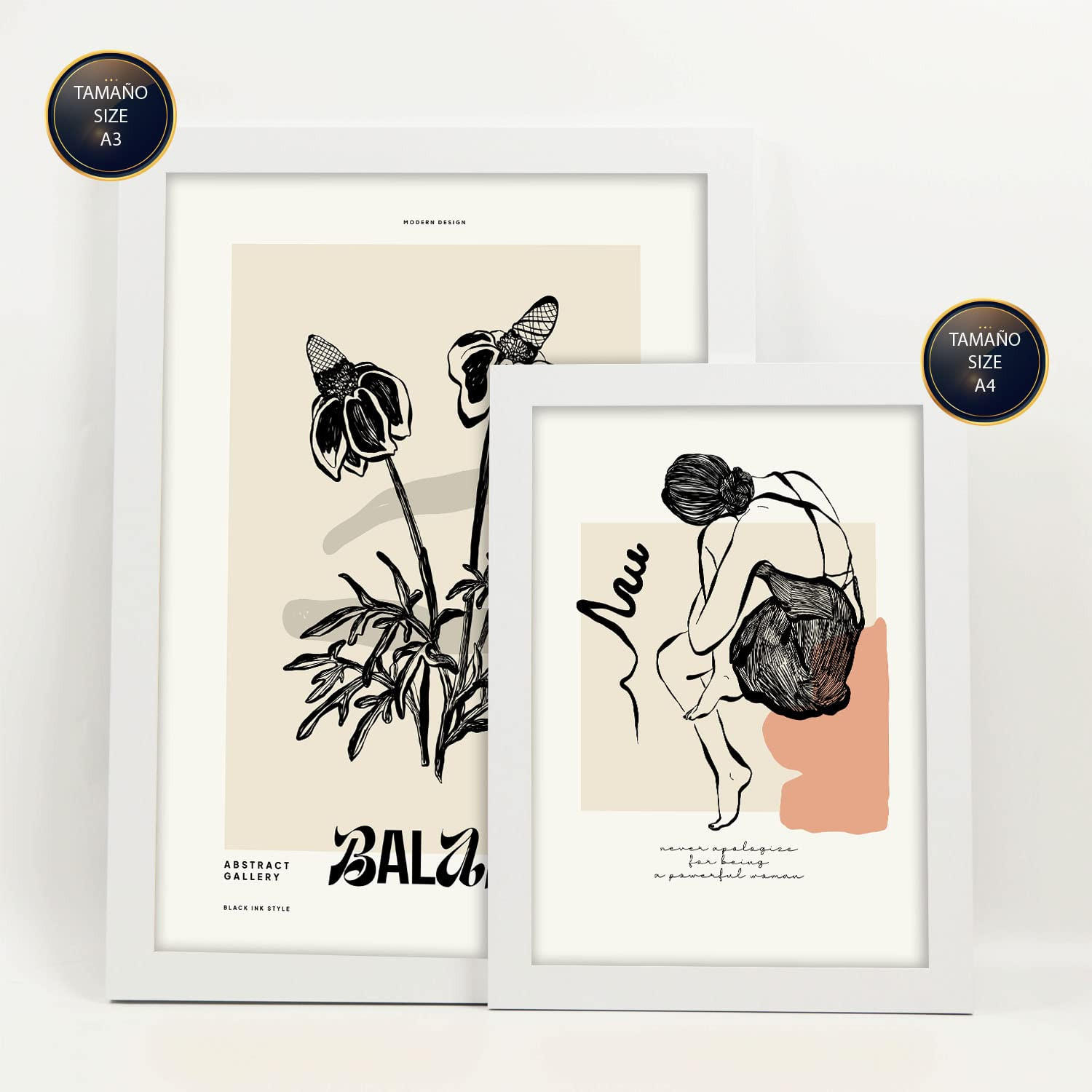 POSTER Set Mit 6 In Schwarzer Tinte Gefühle Kunstdrucke Im Skizzenstil Für Innenarchitektur A3 & A4 Weißer Rahmen - Weiß, Papier (29/3cm) - Nacnic