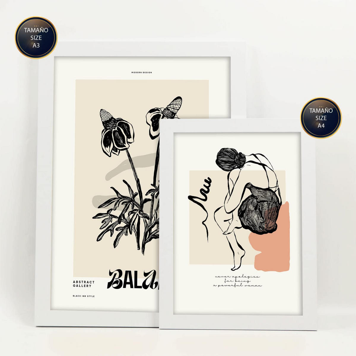 POSTER Set Mit 6 Schwarze Tintengefühle Größe A3 & A4 Weißer Rahmen - Weiß, Papier (29.7/1cm) - Nacnic