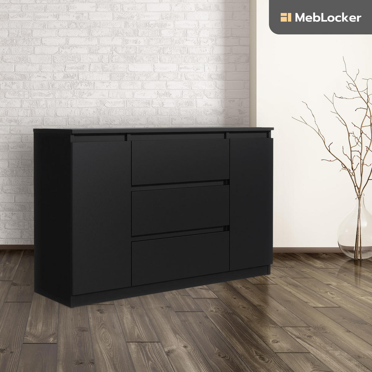 KOMMODE mit 3 Schubladen 2 Schranktüren 140 cm Schwarz - Schwarz, Holzwerkstoff (140/39/78.2cm) - MebLocker