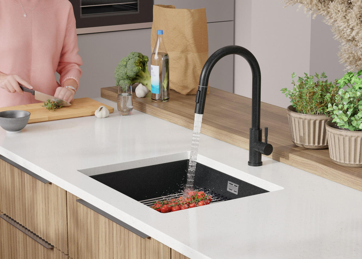 UNTERBAUSPÜLE GRANIT Praga, 2-er set Anthrazit 56/47 cm 1 Becken + Ablauf-Set + Aufrollbare Abtropffläche ab 60er Unterschrank - Chromfarben/Anthrazit, Kunststoff (56/20/47cm) - Primagran