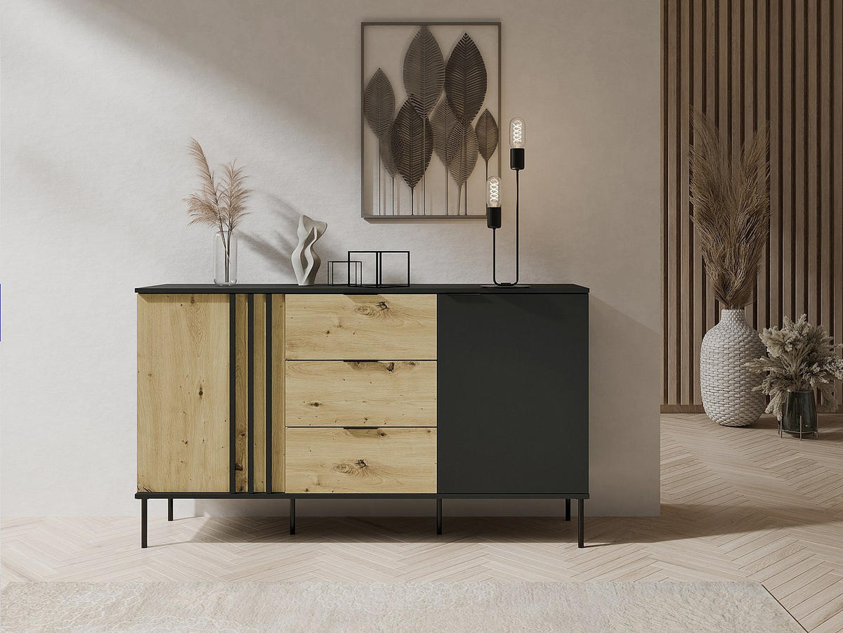 SIDEBOARD mit 2 Türen & 3 Schubladen - Weiß & Holzfarben - TUNALO - Schwarz, Holz (165.1/92/40cm) - Vente-Unique