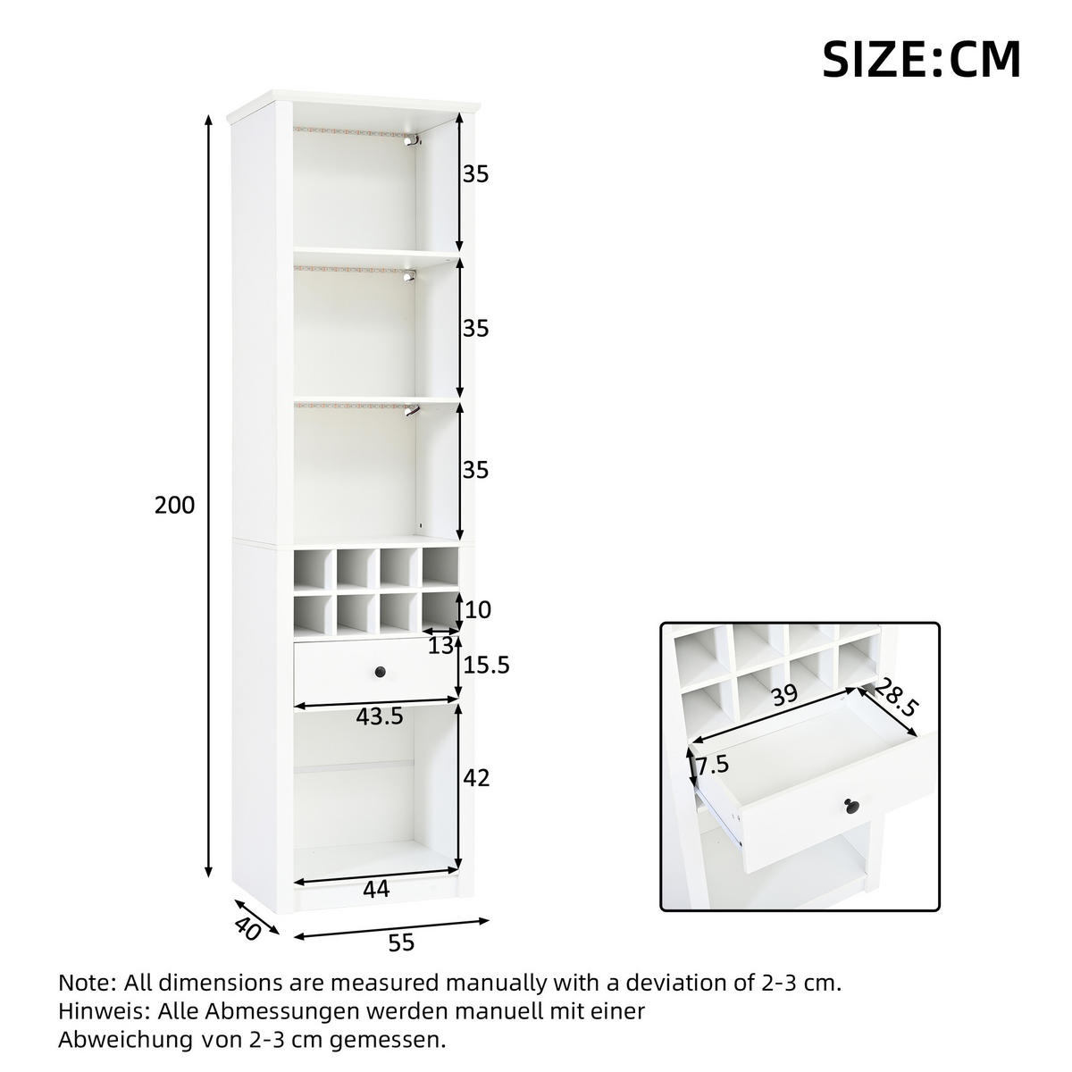 VITRINE 55x40x200 cm Weiß mit LED und 12 Fächern - Weiß, Holzwerkstoff (55/200/40cm) - FLIEKS
