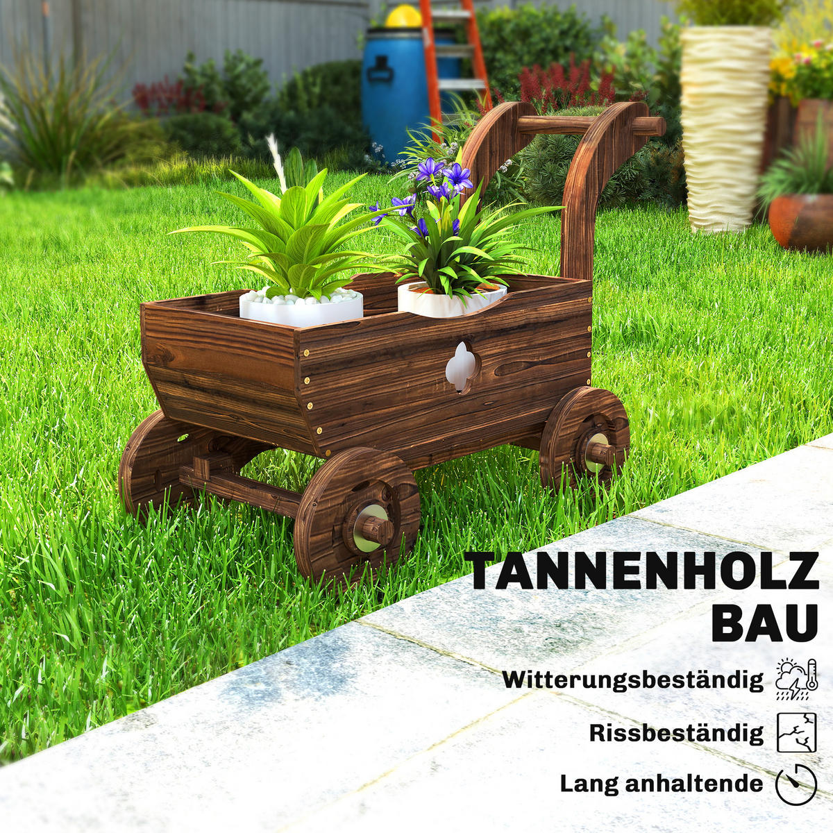 HOCHBEET Holz, Pflanzbeet in Wagenform Frühbeet mit 4 Rädern Griff Gartenbeet - Braun, Holz (38/52/68cm) - Outsunny