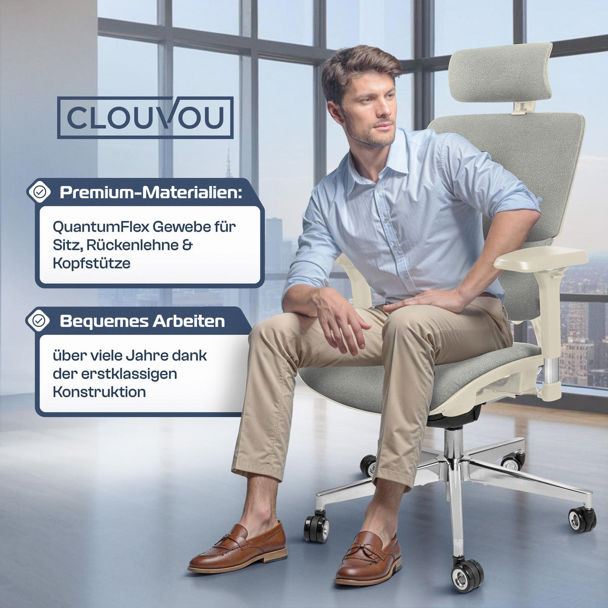 BÜROSTUHL MasterSeat Creme-Weiß - Beige/Silberfarben, Kunststoff/Textil (70/135/70cm) - Clouvou