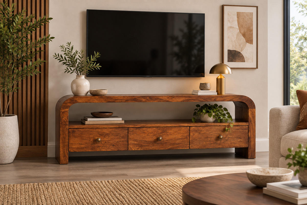 TV skrinka Darcy Chestnut, 3 zásuvky a otvorená priehradka, tmavohnedá - tmavohnedá/mosadzná, kov/drevo (110/45/35cm) - Artisan Furniture